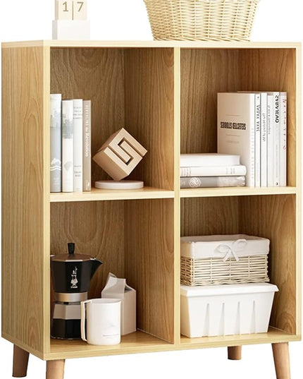 IOTXY Freestanding Open Cubes Bookcase - 2-Tier Floor Standing Wooden Storage Display Cabinet Organizer with Legs for Home Office, 4-Cubes Open Shelf Low Short Bookshelf, Oak - LeafyLoom