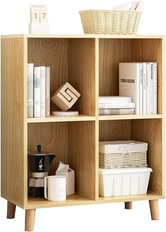 IOTXY Freestanding Open Cubes Bookcase - 2-Tier Floor Standing Wooden Storage Display Cabinet Organizer with Legs for Home Office, 4-Cubes Open Shelf Low Short Bookshelf, Oak - LeafyLoom