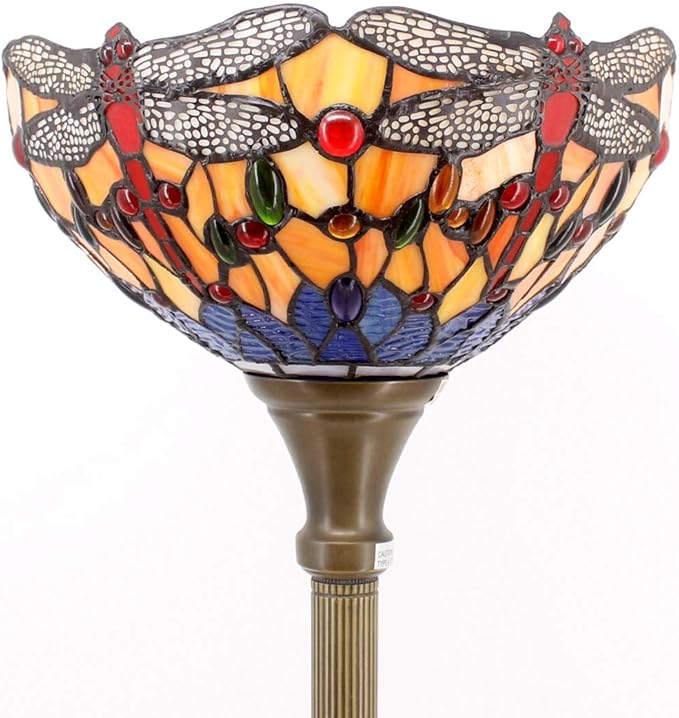 WERFACTORY Tiffany Floor Lamp Orange Blue Stained Glass Dragonfly Light 12X12X66 Inches Torchiere Standing Corner Torch Uplight Decor Bedroom Living Room Home Office S168 Series - LeafyLoom