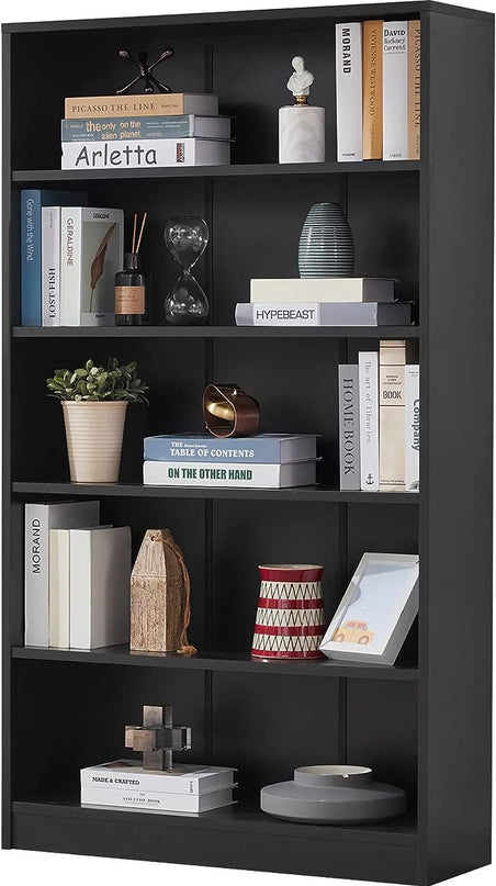 Farini Black Bookshelf for Bedroom 5 Shelf Office Bookcase 60 Inches Tall Modern Wood Bookshelf for Living Room 5 Tier Wide Manga Bookshelf Library Bookcase - LeafyLoom