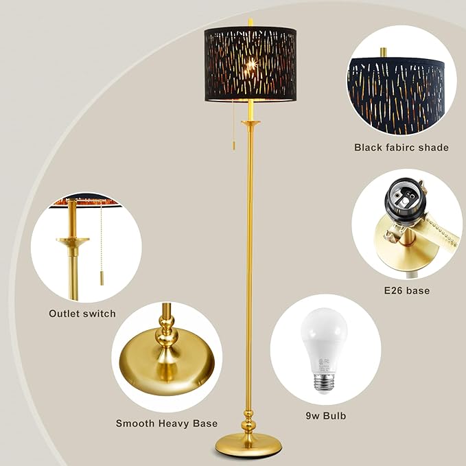 Luvkczc Traditional 60" Tall Standing Lamp for Living Room with Gothic Lampshade&Pull Chain - Tall Corner Reading Standing Lamp for Bedroom, Office, Home Decor (Bulb Included) - LeafyLoom