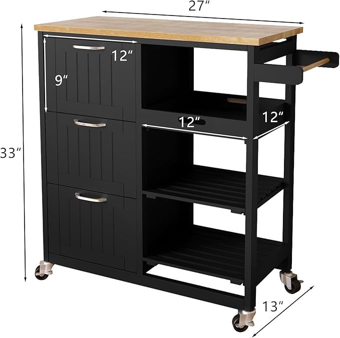 Usinso Kitchen Island Cart with 3 Tier Holder Kitchen Serving Carts Rolling Bar Cart Natural Solid Wood Top with 3 Tier Storage Drawer, Handle Racks, Caster Liquor Cart Suitable for Placing (Black) - LeafyLoom