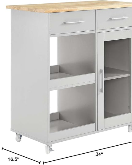 Modway Culinary Rolling Kitchen Cart with Storage in Light Gray Natural - 3 Tiers Kitchen Island on Wheels with Towel Bar, Functional as a Coffee Station, Bar Cabinet or Butcher Block Island - LeafyLoom