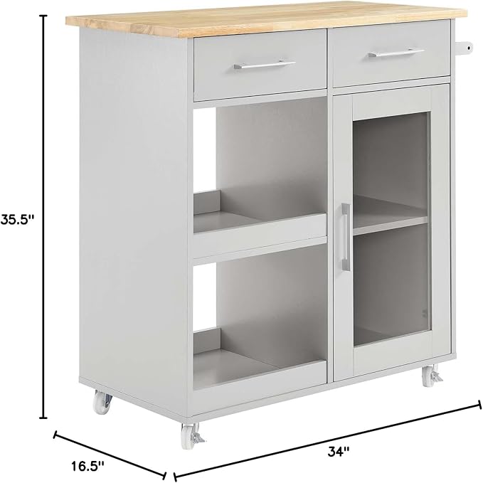Modway Culinary Rolling Kitchen Cart with Storage in Light Gray Natural - 3 Tiers Kitchen Island on Wheels with Towel Bar, Functional as a Coffee Station, Bar Cabinet or Butcher Block Island - LeafyLoom
