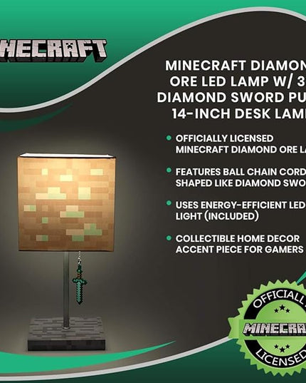 Minecraft Diamond Ore Block LED Lamp w/ 3D Diamond Sword Puller | 14-Inch Lamp - LeafyLoom