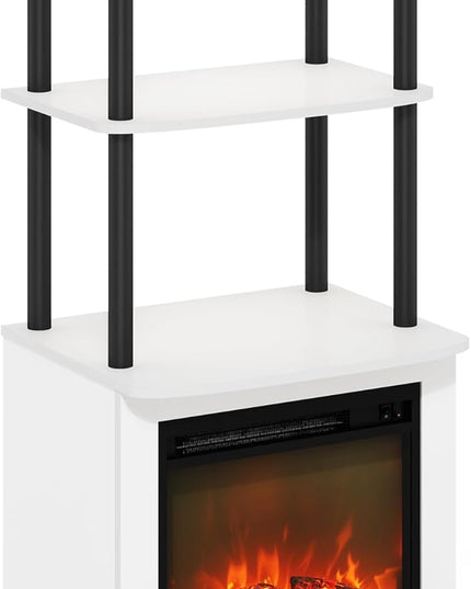 Furinno Turn-N-Tube 2-Tier Tall TV Entertainment Side Table Display Rack with Fireplace Insert, Solid White/Black - LeafyLoom