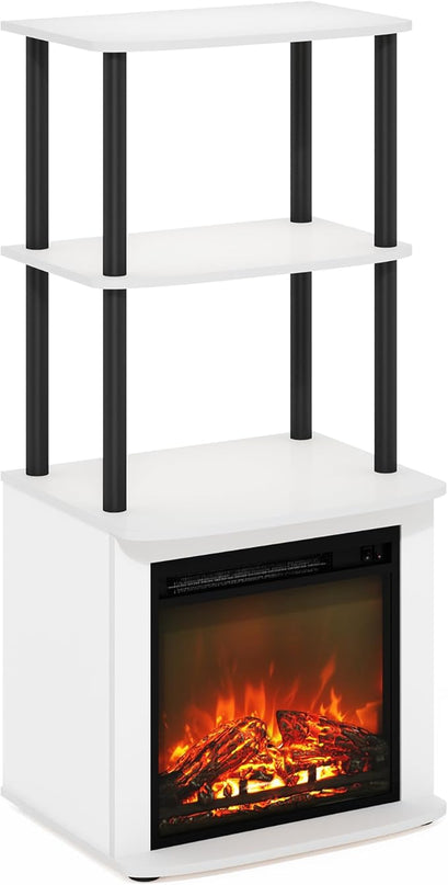 Furinno Turn-N-Tube 2-Tier Tall TV Entertainment Side Table Display Rack with Fireplace Insert, Solid White/Black - LeafyLoom