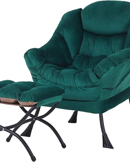 Welnow Lazy Chair with Ottoman, Modern Lounge Accent Chair with Armrests and a Side Pocket, Leisure Sofa Chair, Reading Chair with Footrest for Small Space, Corner Chair, Dark Green - LeafyLoom