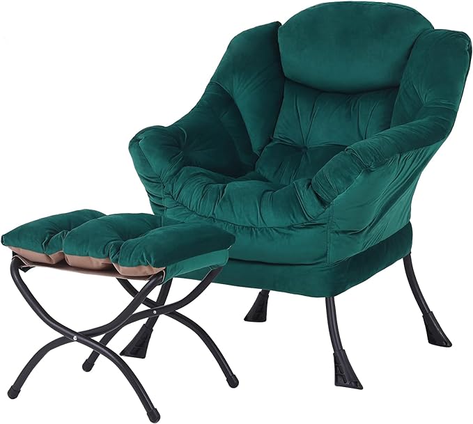 Welnow Lazy Chair with Ottoman, Modern Lounge Accent Chair with Armrests and a Side Pocket, Leisure Sofa Chair, Reading Chair with Footrest for Small Space, Corner Chair, Dark Green - LeafyLoom