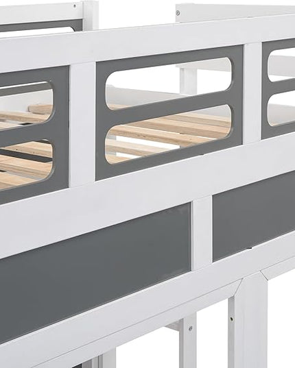 Twin over Twin Bus-shaped Bunk Bed with Wheels,Kids Car-Shaped Bedframe W/Storage,Space Saving,No Box Spring Needed,Wood Toy Bedroom Furniture for Boys Toddlers Teens Child,Gray+White - LeafyLoom