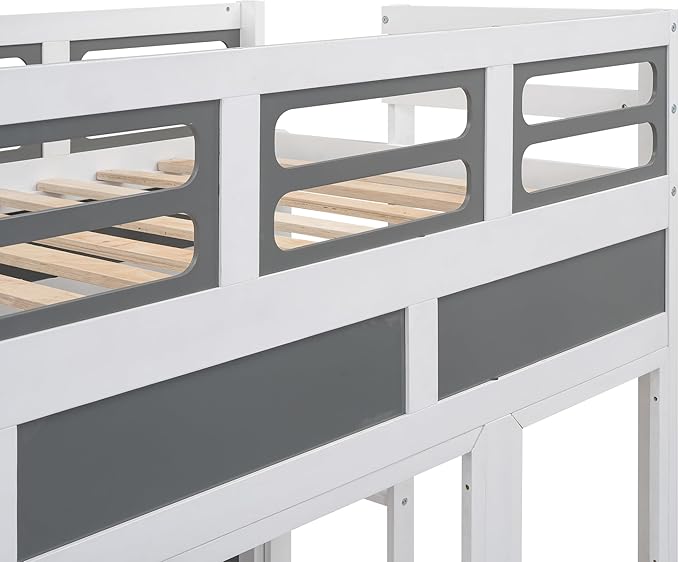 Twin over Twin Bus-shaped Bunk Bed with Wheels,Kids Car-Shaped Bedframe W/Storage,Space Saving,No Box Spring Needed,Wood Toy Bedroom Furniture for Boys Toddlers Teens Child,Gray+White - LeafyLoom