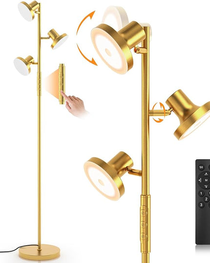 36W Super Bright Gold Floor Lamp, Modern LED Standing Lamp with Remote & Touch Control, 4 Color Temperatures, 3 Rotatable Lights, Dimmable Floor Lamps for Living Room, Bedroom, Office - LeafyLoom