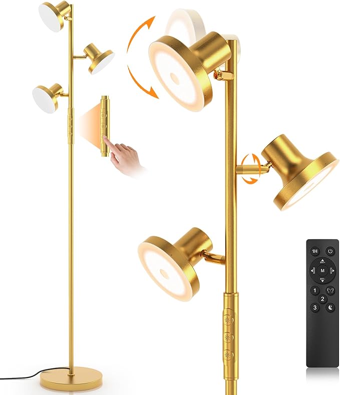 36W Super Bright Gold Floor Lamp, Modern LED Standing Lamp with Remote & Touch Control, 4 Color Temperatures, 3 Rotatable Lights, Dimmable Floor Lamps for Living Room, Bedroom, Office - LeafyLoom
