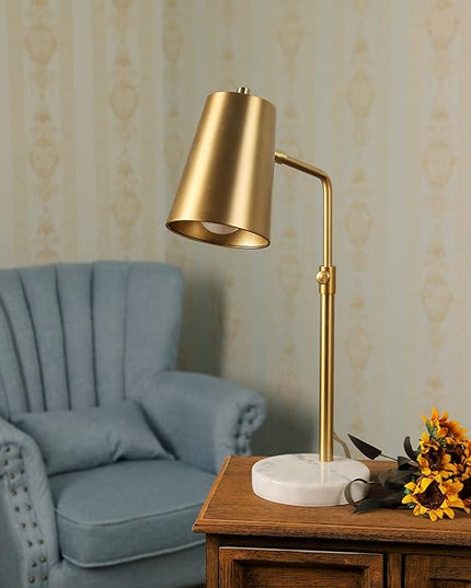 VONLUCE Work Lamp w/LED Bulb, Vintage Gold Desk Lamp w/Marble Base & Brass Lamp Shade, Mid Century Modern Reading Lamp for Office, 20" Industrial Table Task Lamp for Reading Bedroom Nightstands - LeafyLoom