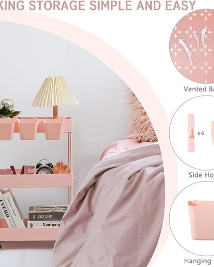 danpinera Slim Storage Cart, 3 Tier Narrow Rolling Cart on Wheels Bathroom Organizer Cart with Dividers Handle Hanging Cups Hooks for Laundry Room Kitchen Small Spaces, Pink - LeafyLoom