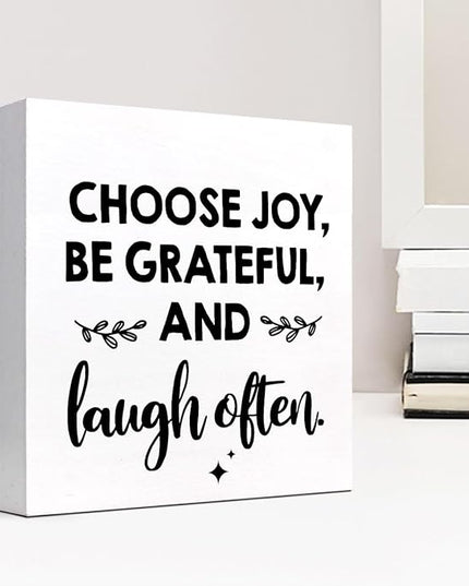 Inspirational Wood Box Sign Desk Decor,Choose Joy Be Grateful and Laugh Often Wood Plaque Signs,Rustic Positive Wooden Block Sign Decor for Office Workplace Classroom Shelf Table Decoration C1078 - LeafyLoom