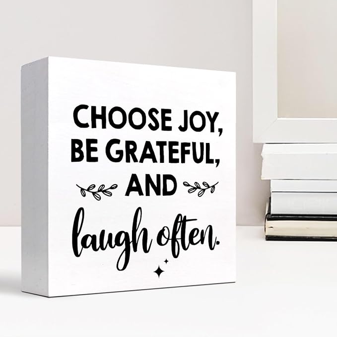 Inspirational Wood Box Sign Desk Decor,Choose Joy Be Grateful and Laugh Often Wood Plaque Signs,Rustic Positive Wooden Block Sign Decor for Office Workplace Classroom Shelf Table Decoration C1078 - LeafyLoom
