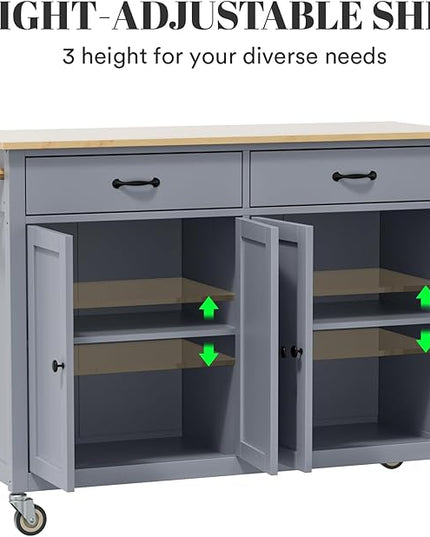 Large Kitchen Island On Wheels with Storage 54in Width Mobile Moveable Portable Rolling Wood Island for Kitchen Dining Room with Drawers Cabinet Spice Rack Towel Rack - LeafyLoom