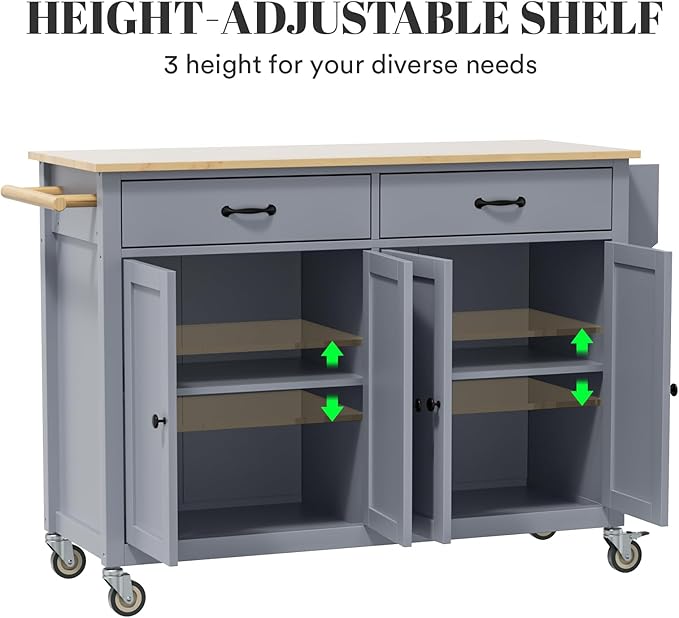 Large Kitchen Island On Wheels with Storage 54in Width Mobile Moveable Portable Rolling Wood Island for Kitchen Dining Room with Drawers Cabinet Spice Rack Towel Rack - LeafyLoom