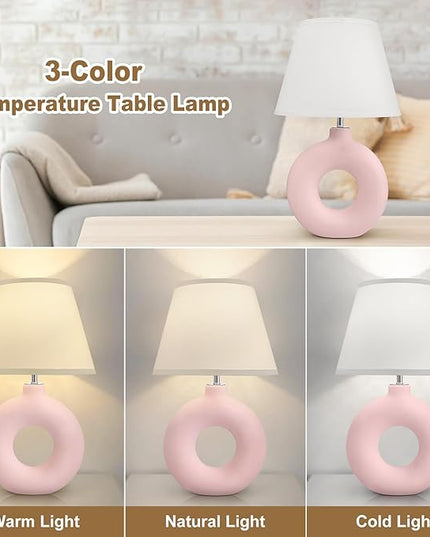Pink Ceramic Table Lamp for Living Room Bedroom, 21" Modern Bedside Lamps for Kids Room 3 Color Temperature Small Table Lamps for Night Stands, Dorm, Dining Room, Home Décor (Bulb Included) - LeafyLoom