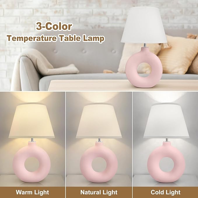 Pink Ceramic Table Lamp for Living Room Bedroom, 21" Modern Bedside Lamps for Kids Room 3 Color Temperature Small Table Lamps for Night Stands, Dorm, Dining Room, Home Décor (Bulb Included) - LeafyLoom