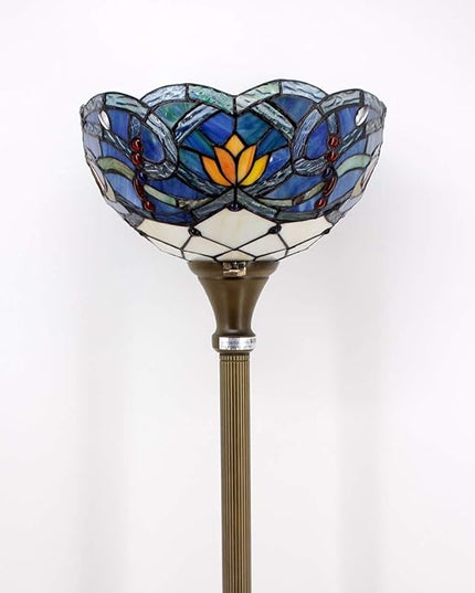 WERFACTORY Tiffany Floor Lamp Blue Lotus Flower Stained Glass Light 12X12X66 Inches Pole Torchiere Standing Corner Torch Uplight Decor Bedroom Living Room Home Office S220 Series - LeafyLoom