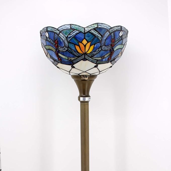 WERFACTORY Tiffany Floor Lamp Blue Lotus Flower Stained Glass Light 12X12X66 Inches Pole Torchiere Standing Corner Torch Uplight Decor Bedroom Living Room Home Office S220 Series - LeafyLoom