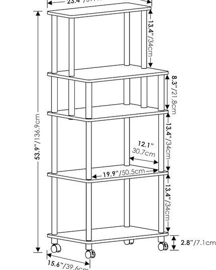Furinno Turn-N-Tube 5-Tier Toolless Kitchen Storage Cart with Lockable Wheels, Columbia Walnut/Black - LeafyLoom