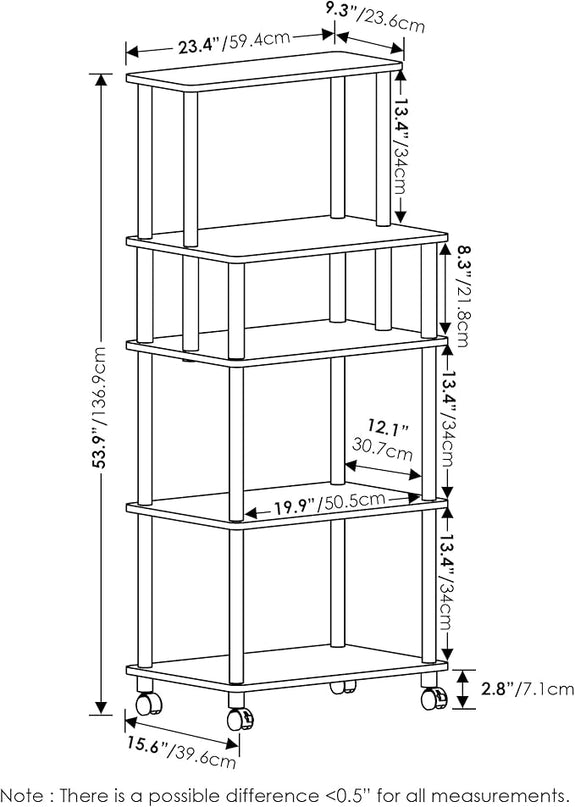 Furinno Turn-N-Tube 5-Tier Toolless Kitchen Storage Cart with Lockable Wheels, Columbia Walnut/Black - LeafyLoom