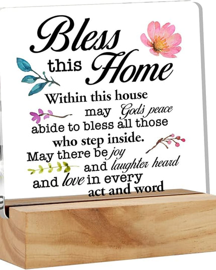 Inspirational House Warming Gifts Home Bless this Home Quote Desk Decor House Blessing Religious Acrylic Desk Plaque Sign with Wood Stand Home Office Desk Sign Keepsake - LeafyLoom