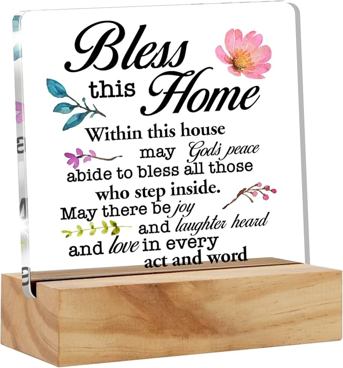 Inspirational House Warming Gifts Home Bless this Home Quote Desk Decor House Blessing Religious Acrylic Desk Plaque Sign with Wood Stand Home Office Desk Sign Keepsake - LeafyLoom