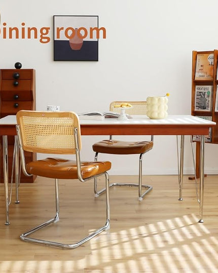 Dining Chairs Set of 2, Faux Leather Rattan Side Accent Chairs with Chrome Legs, Modern Mid Century Designed Chairs for Dining,Living Room,Kitchen Chairs (Leather Brown) - LeafyLoom