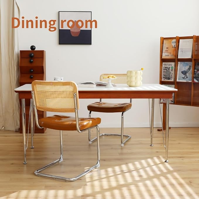 Dining Chairs Set of 2, Faux Leather Rattan Side Accent Chairs with Chrome Legs, Modern Mid Century Designed Chairs for Dining,Living Room,Kitchen Chairs (Leather Brown) - LeafyLoom