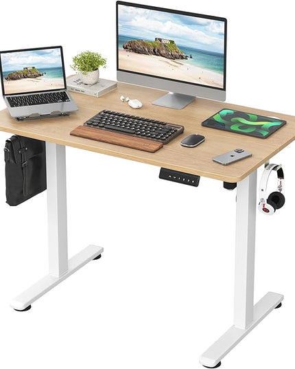 STARY Electric Memory Preset 40 x 24 Inches Adjustable Height Computer Workstation Sit Stand Home Office Desk with Splice Board, 4024, Castin Oak Desktop/White Frame - LeafyLoom