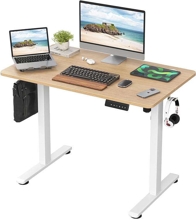 STARY Electric Memory Preset 40 x 24 Inches Adjustable Height Computer Workstation Sit Stand Home Office Desk with Splice Board, 4024, Castin Oak Desktop/White Frame - LeafyLoom