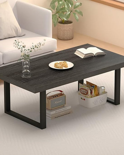 IBF Industrial Grey Coffee Table, Modern Simple Wood and Metal Center Table, Minimalist Rectangle Wooden Living Room Table, Vintage Rustic Cocktail Tea Table for Home Bedroom, Dark Gray Oak, 39 inch - LeafyLoom
