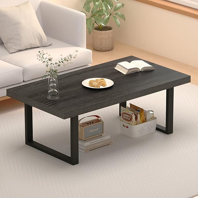 IBF Industrial Grey Coffee Table, Modern Simple Wood and Metal Center Table, Minimalist Rectangle Wooden Living Room Table, Vintage Rustic Cocktail Tea Table for Home Bedroom, Dark Gray Oak, 39 inch - LeafyLoom