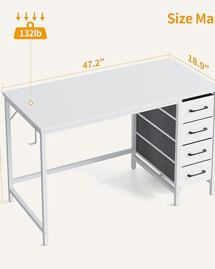 CubiCubi 47 Inch Computer Desk with 4 Drawers, Home Office Desk with Storage, Modern Study Writing Desk, White - LeafyLoom