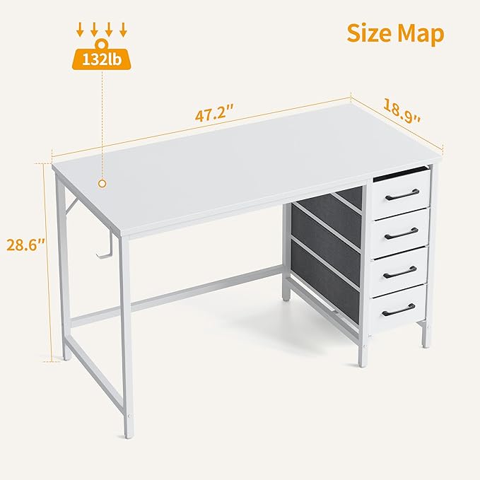 CubiCubi 47 Inch Computer Desk with 4 Drawers, Home Office Desk with Storage, Modern Study Writing Desk, White - LeafyLoom