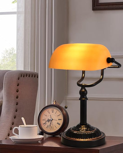 Rustic Desk Lamp Pull Chain, Traditional Bankers Desk Lamp with USB Port, Vintage Farmhouse Table Lamp for home office library - LeafyLoom
