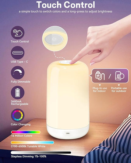 Smart Touch Bedside Table Lamp [Multi-Color & Warm Lights], 3600mA Cordless Small Table Lamp Rechargeable, 7 Colors & Fully Dimmable LED Night Lights for Bedroom Nightstand Nursery Living Room - LeafyLoom