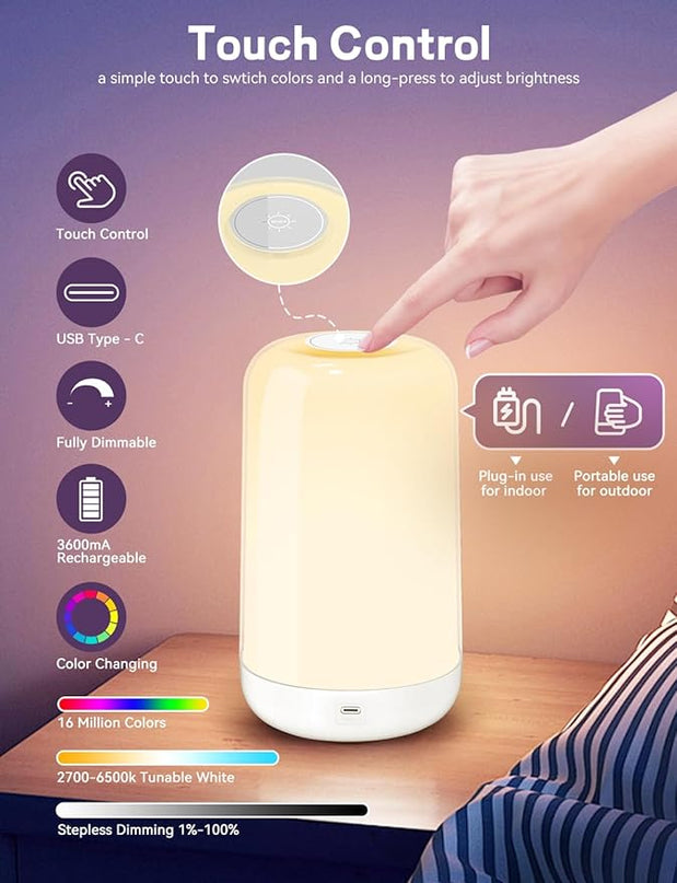 Smart Touch Bedside Table Lamp [Multi-Color & Warm Lights], 3600mA Cordless Small Table Lamp Rechargeable, 7 Colors & Fully Dimmable LED Night Lights for Bedroom Nightstand Nursery Living Room - LeafyLoom