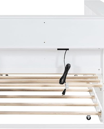 Wooden Twin Size DayBed with L-Shaped Bookcase Headboard and Trundle, Wood Twin Day Bed Frame with Storage Shelf and USB Charging Ports for Living Room Bedroom, White - LeafyLoom