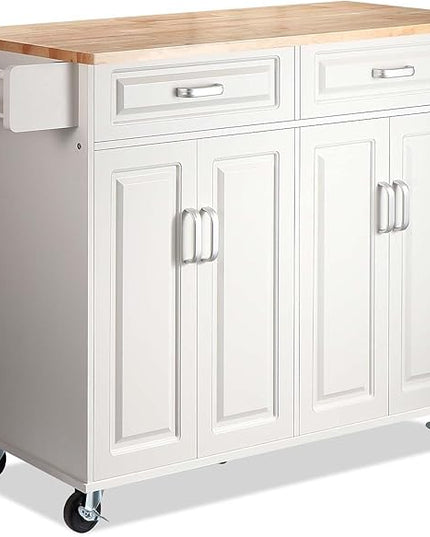 54" Rolling Kitchen Island on Wheels, Large Kitchen Island Cart with Storage Cabinet, Portable Wood Island Table for Kitchen with 2 Drawers and Spice Rack & Towel Rack, White - LeafyLoom