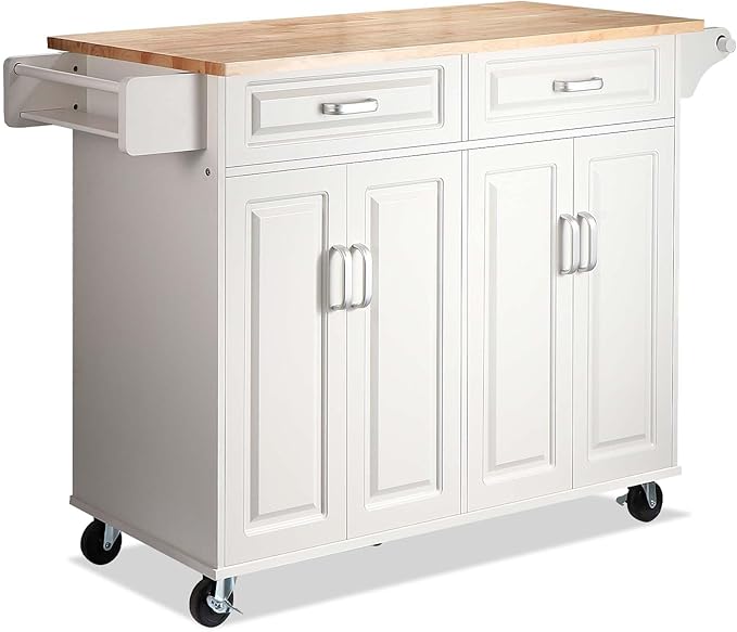 54" Rolling Kitchen Island on Wheels, Large Kitchen Island Cart with Storage Cabinet, Portable Wood Island Table for Kitchen with 2 Drawers and Spice Rack & Towel Rack, White - LeafyLoom