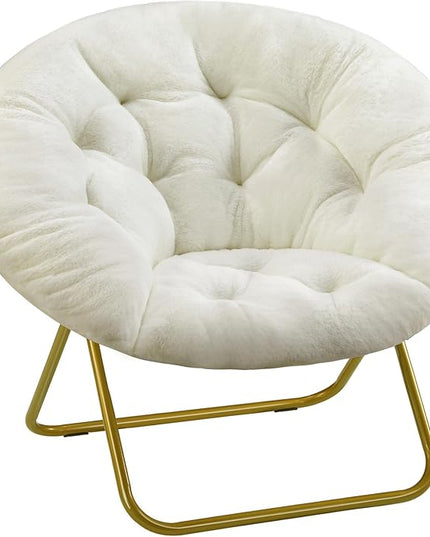 Sweetcrispy Comfy Saucer Chairs Faux Fur Lounge for Bedroom Living Room Flexible Folding Seating for Kids Teens Adults, Soft Padded and Metal Frame Modern for Home Office, X-Large White - LeafyLoom