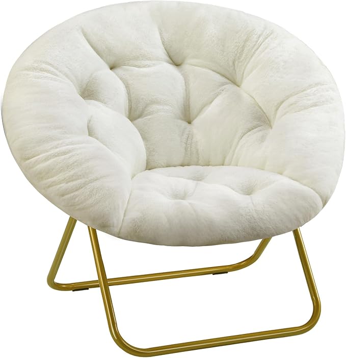 Sweetcrispy Comfy Saucer Chairs Faux Fur Lounge for Bedroom Living Room Flexible Folding Seating for Kids Teens Adults, Soft Padded and Metal Frame Modern for Home Office, X-Large White - LeafyLoom
