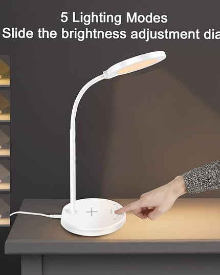 Desk Lamp, LED Desk lamp with USB Charging Port, 5 Lighting Modes 10 Brightness Levels, Sensitive Control Eye-Caring Office Lamp White - LeafyLoom