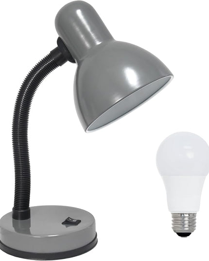 Simple Designs LD1003-GRY-LB 14.25" Basic Metal Desk Lamp with Flexible Hose Neck for Office, Living Room, Bedroom, College Dorm, Bookshelf, Silver, with Feit LED Bulb Included - LeafyLoom
