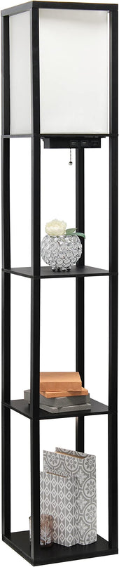 Simple Designs LF1037-BLK Floor Lamp Etagere Organizer Storage Shelf with 2 USB Charging Ports, 1 Charging Outlet and Linen Shade, Black - LeafyLoom